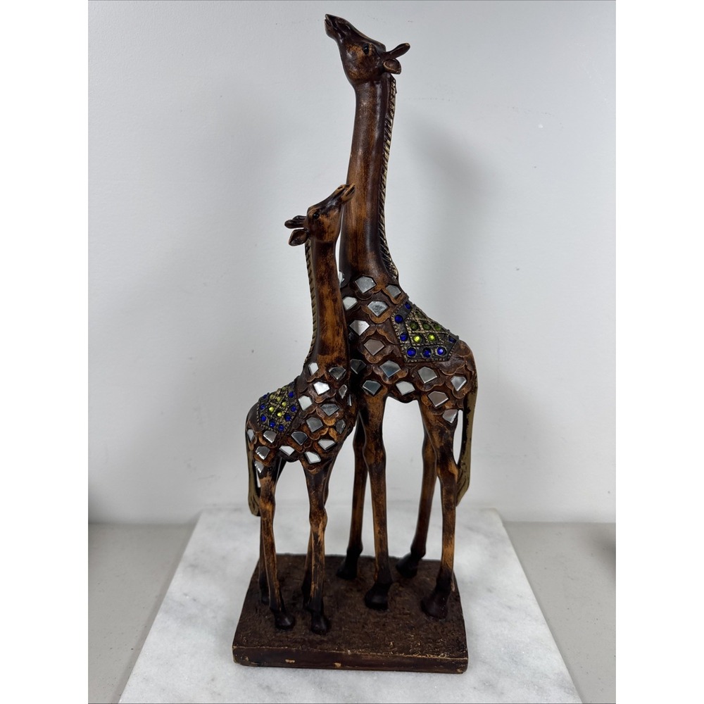 Giraffes Figurine Mom With Baby Gold And Silver Mirror Accents Resin 16" Tall